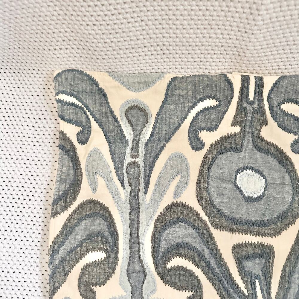Pottery Barn Kenmare Ikat Embroidered Pillow Cover Sham Button Back Blue Grey - Picture 2 of 8